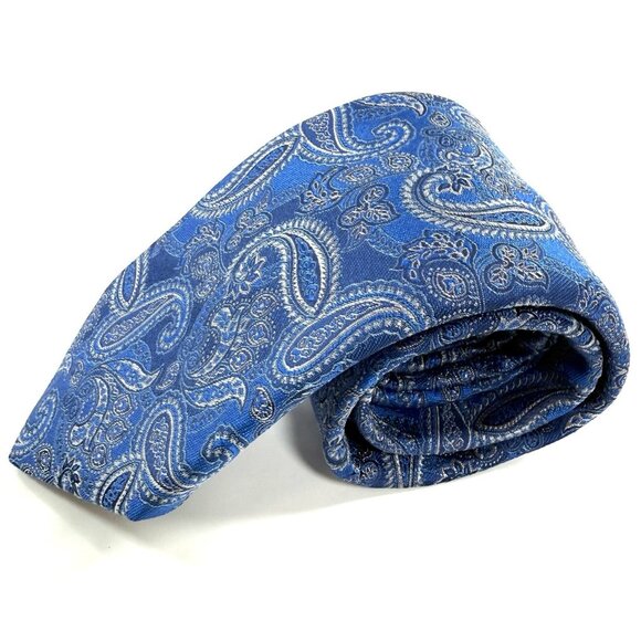 Canali Recent Blue Tie - Brown White Floral Paisley On Blue  Canali Silk Necktie Blue Paisley Print Designer Made In Italy Current